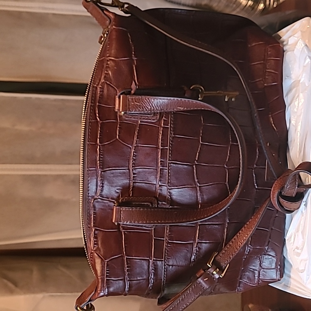 Fossil crock embossed dark brown satchel with crossbody strap